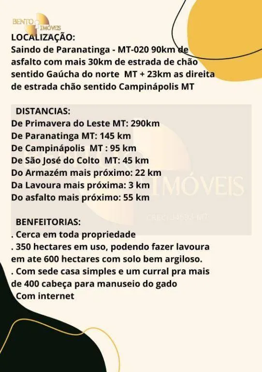 Fazenda à venda de 985 ha em Paranatinga, MT, Brasil