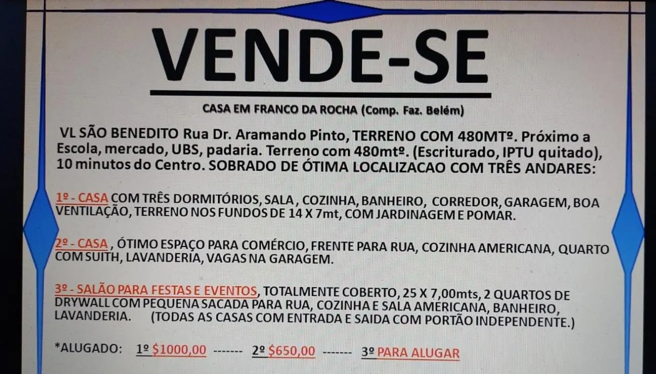 House for sale of 480 m² in Franco da Rocha, SP, Brazil