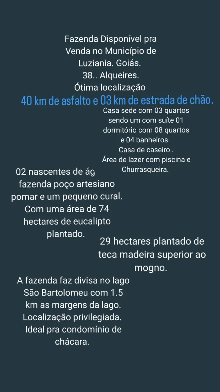 Fazenda à venda de 184 ha em Luziânia, GO, Brasil