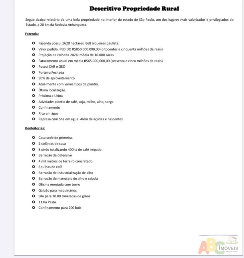 Farm for sale of 4,003 acres in Jeriquara, SP, Brazil