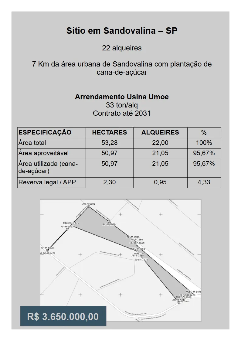 Sítio à venda e para Arrendar de 53 ha em Sandovalina, SP, Brasil